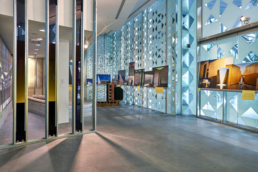 Mosque Foyer displaying images of the build